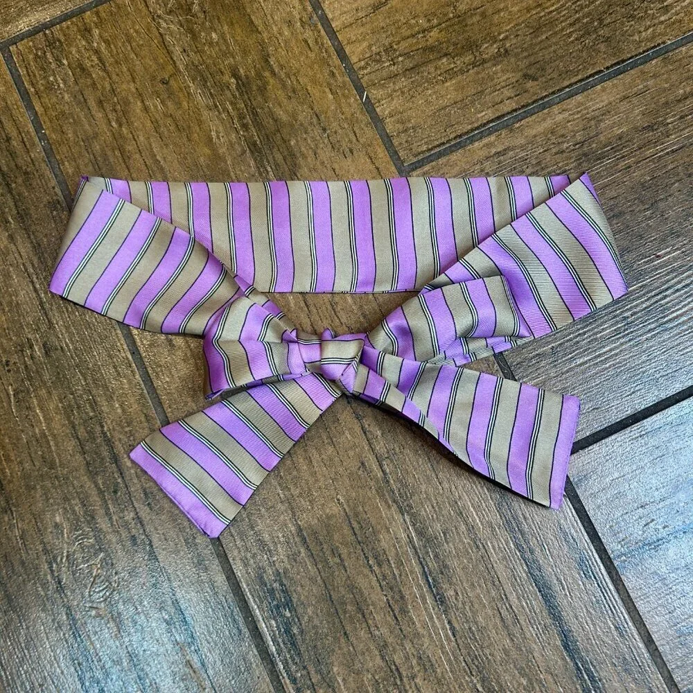 Symphony Scarfs Lilac Purple and Tan Vintage Striped 100% Silk Bow Tie